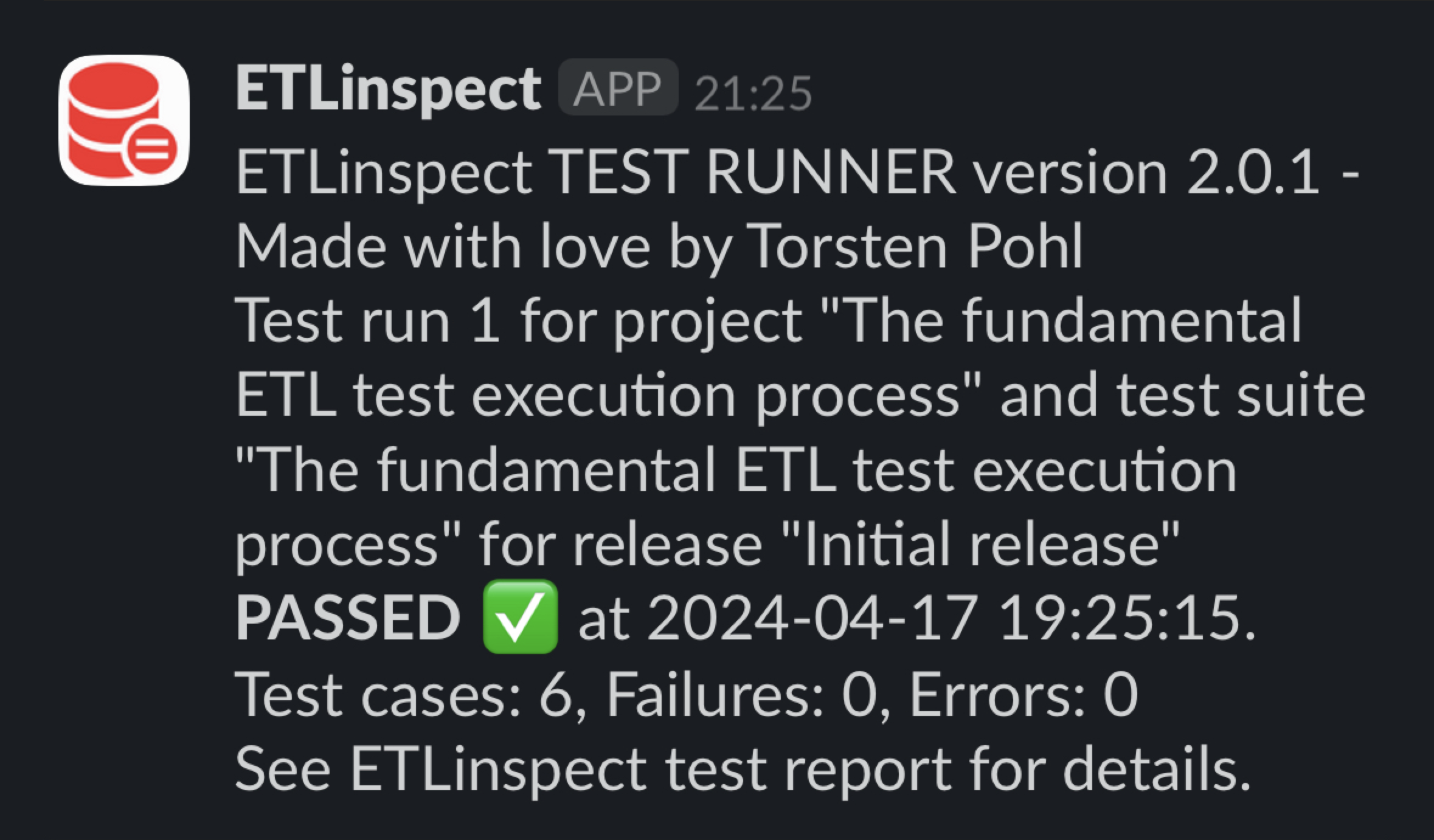 Zusammenfassung des Testlaufs in Slack